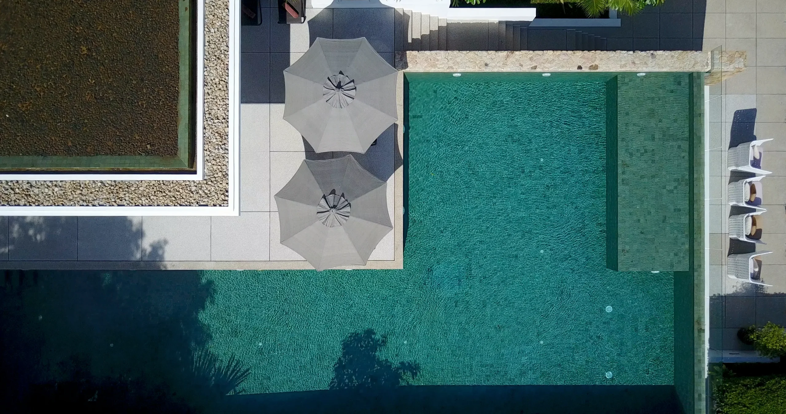 Aerial view of villa layout with pool and sun loungers, Koh Samui