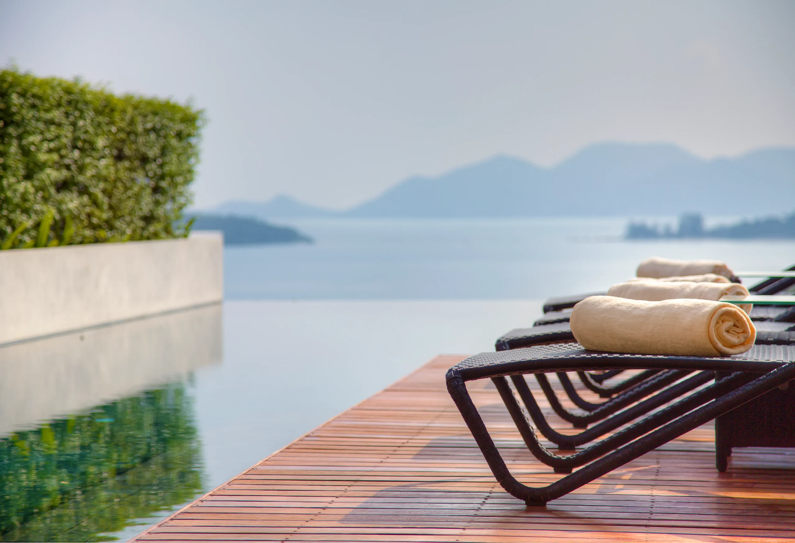 Terrace deck with sun loungers and mountain vista, Koh Samui