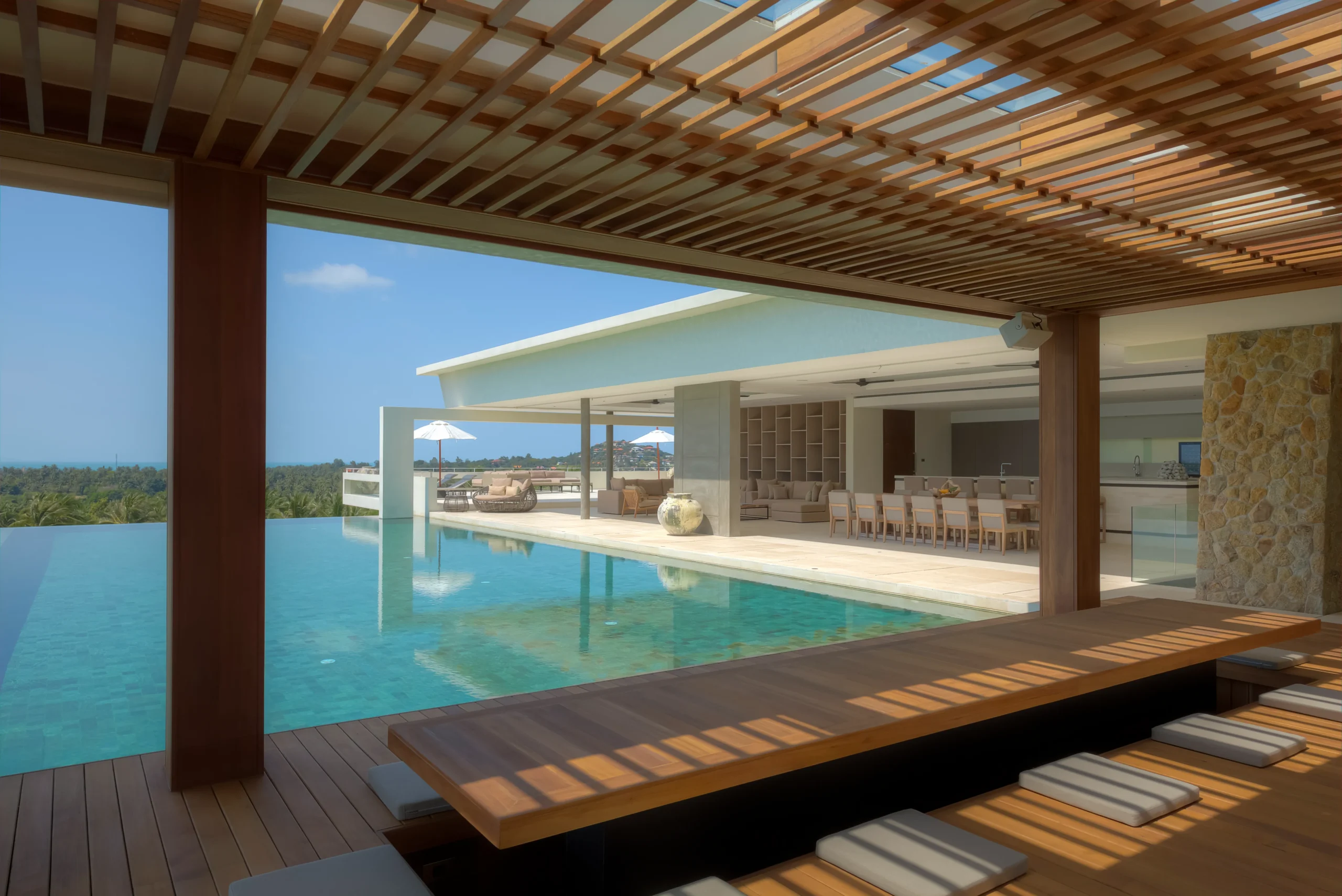 Wooden pergola with sunken dining and infinity pool, Koh Samui