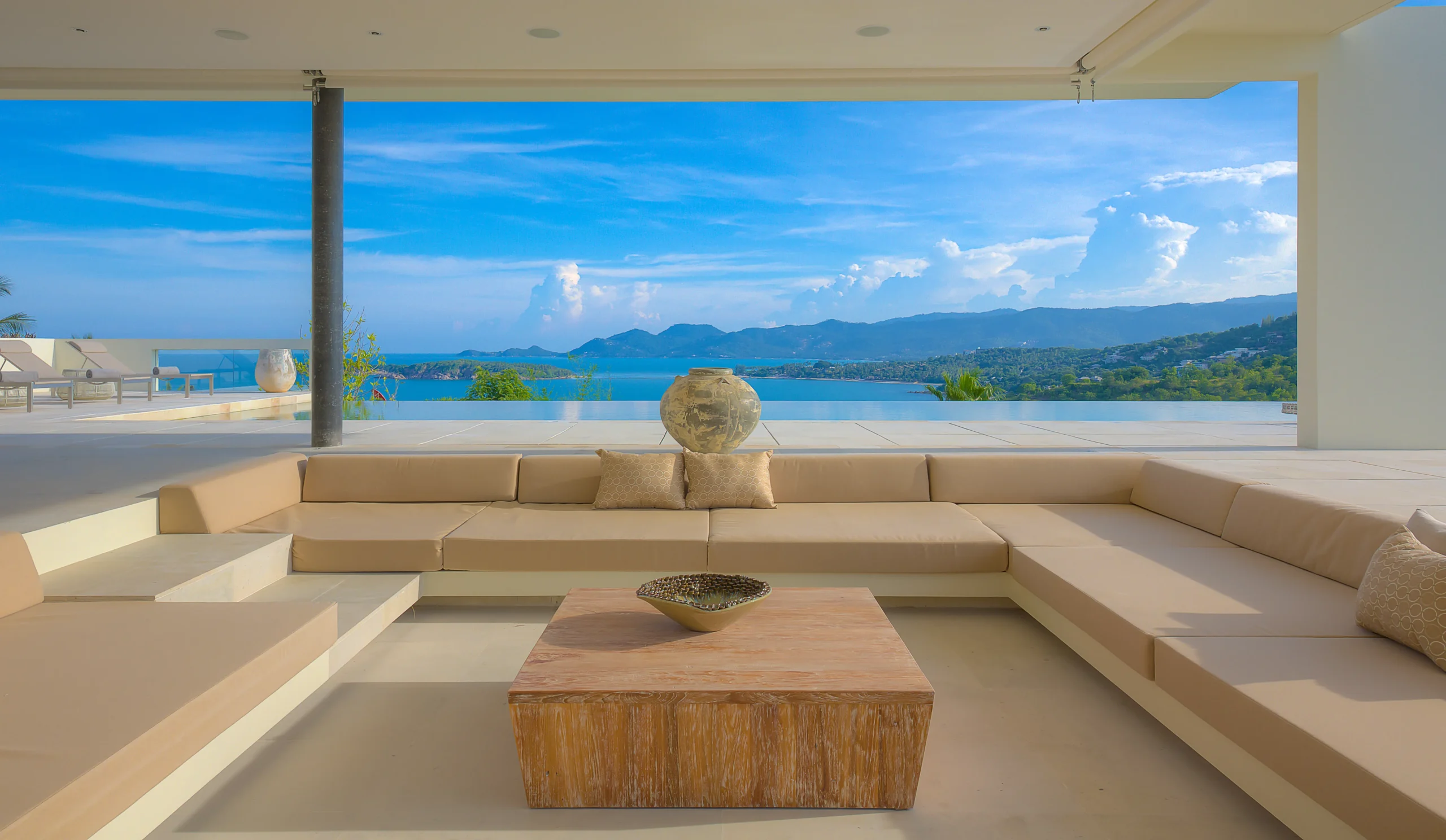 Villa lounge interior with floor-to-ceiling glazing and panoramic sea view, Chaweng Noi, Koh Samui