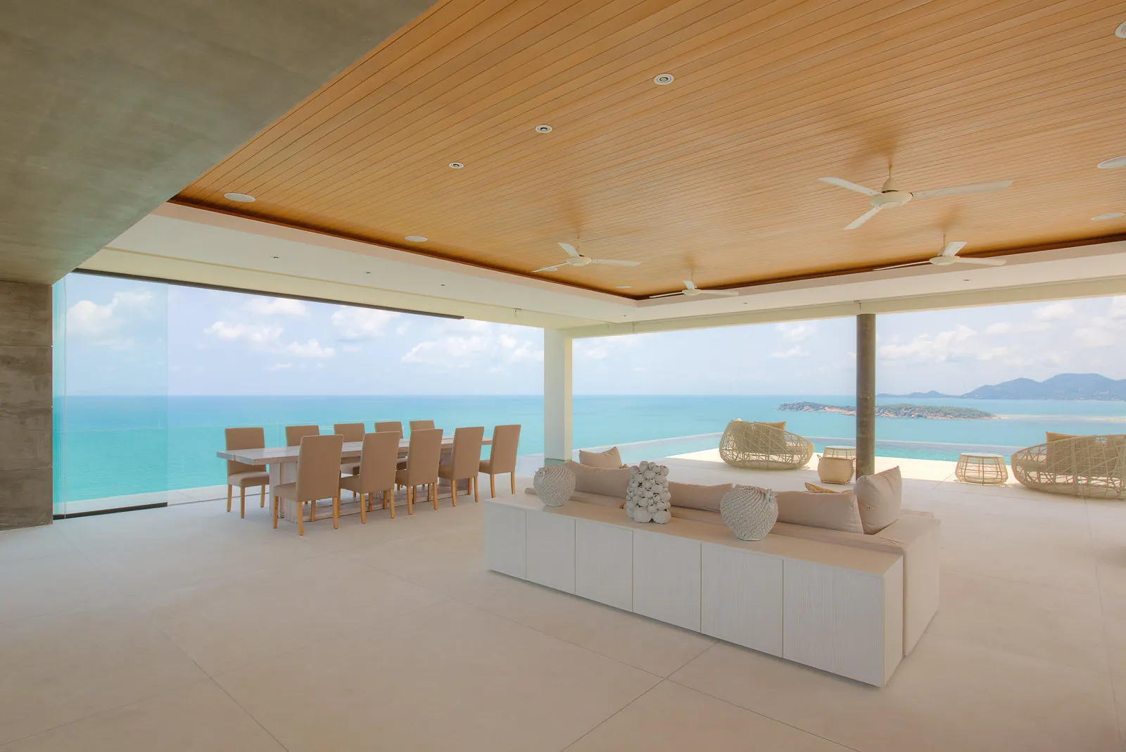 Open-air dining pavilion with timber ceiling fans and sea views, Koh Samui