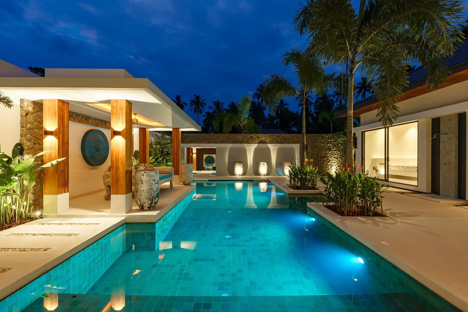 Contemporary villa exterior at night, Koh Samui