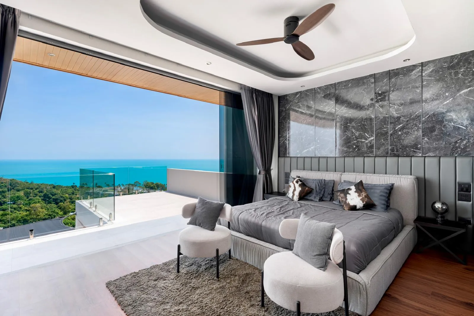 Modern bedroom with balcony overlooking Gulf of Thailand, Maenam, Koh Samui