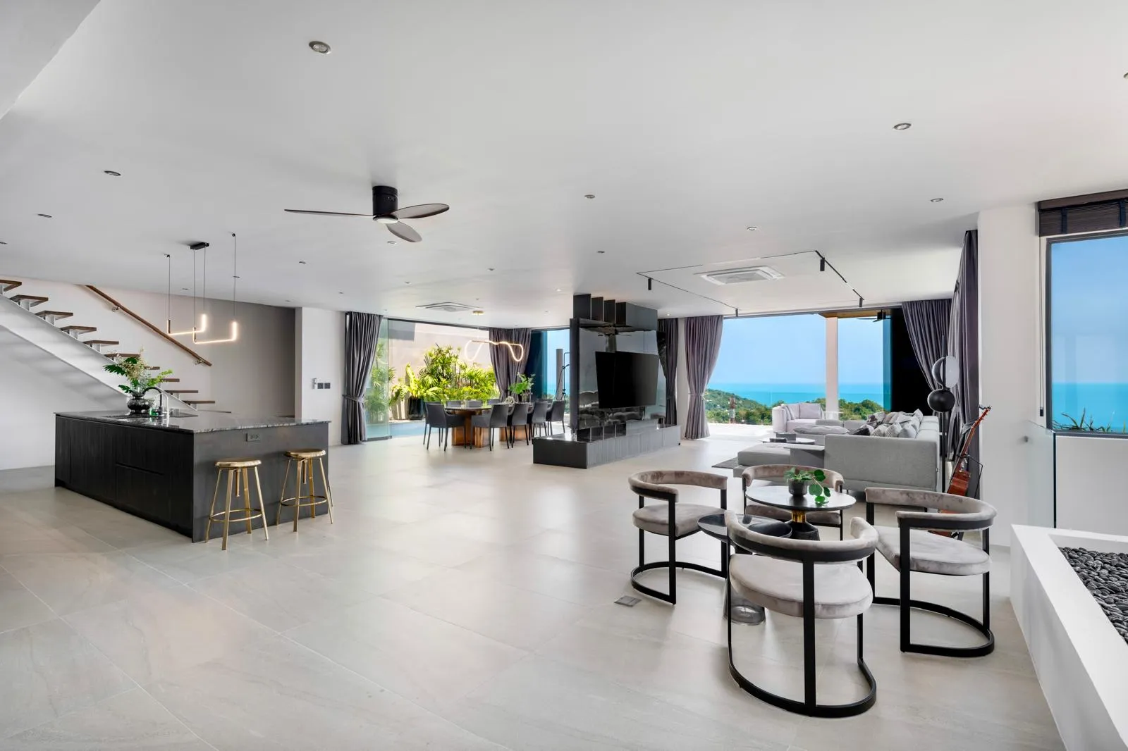 Open-plan living area in modern luxury villa, Maenam north coast, Koh Samui